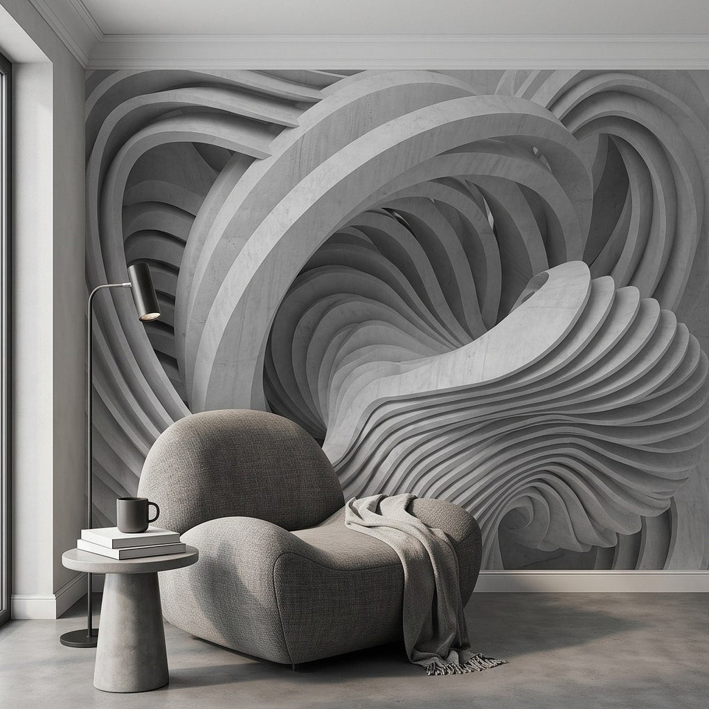 Gray 3D wave wall mural with layered ridges and smooth sculptural curves