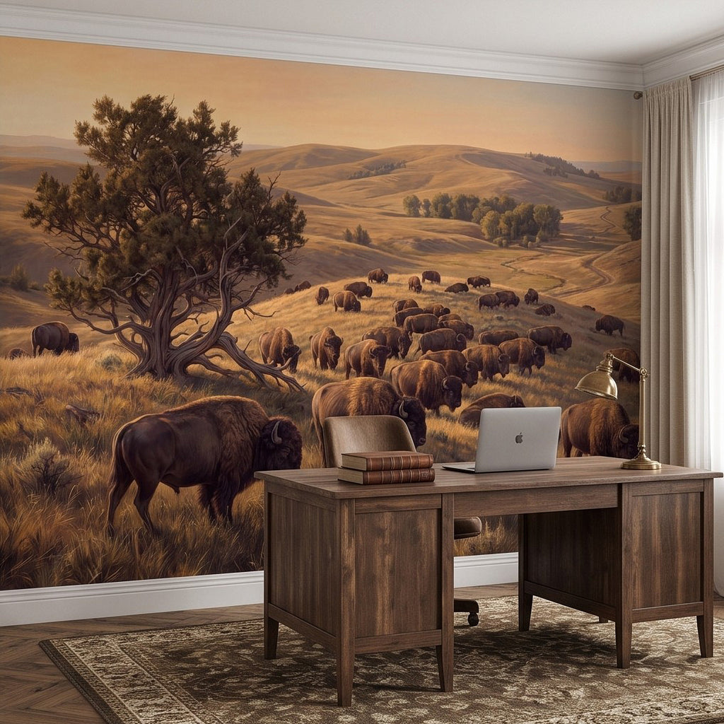 Buffalo herd prairie wall mural with sprawling herd across open fields
