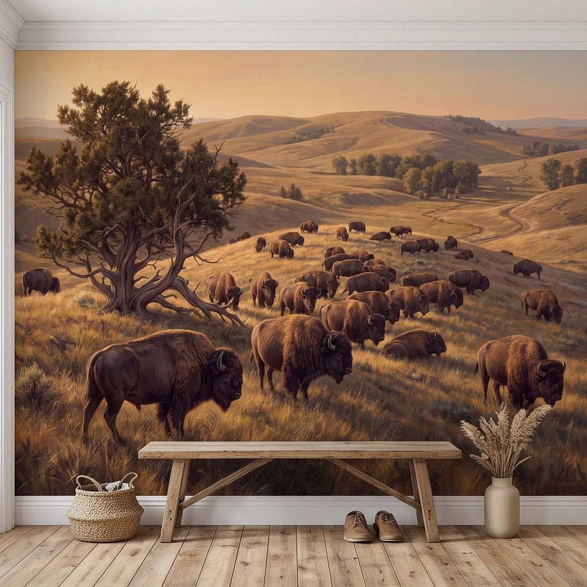 Buffalo herd prairie wall mural behind a bench with small plants and vase