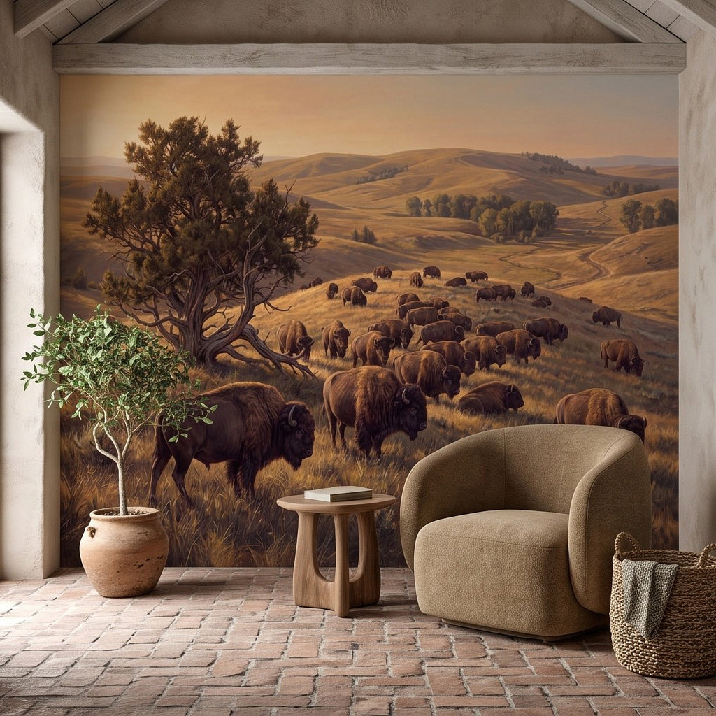 Buffalo herd prairie wall mural with lone tree over grassy plains in warm tones