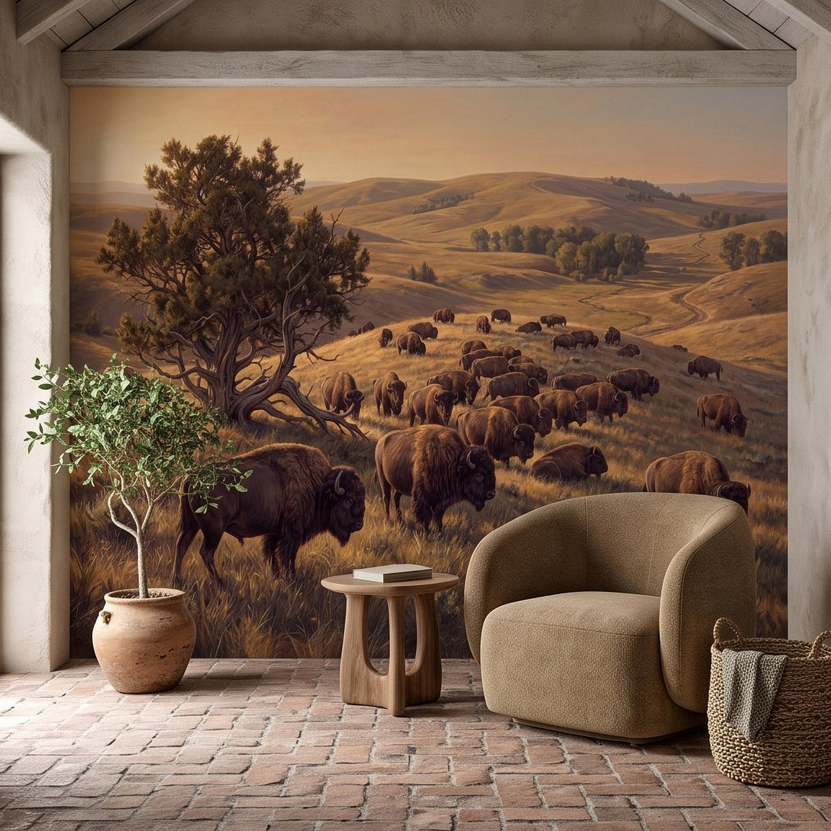 Buffalo herd prairie wall mural with lone tree over grassy plains in warm tones