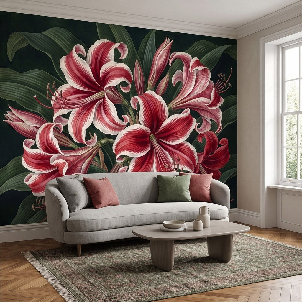 Botanical lily wall mural showing red-and-white flowers on dark green foliage behind sofa.