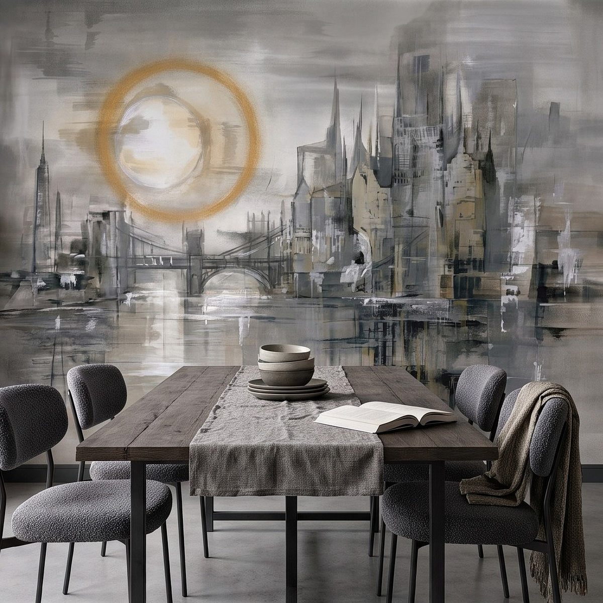 Abstract skyline wall mural with bridge arch, reflective strokes, and pale sun ring
