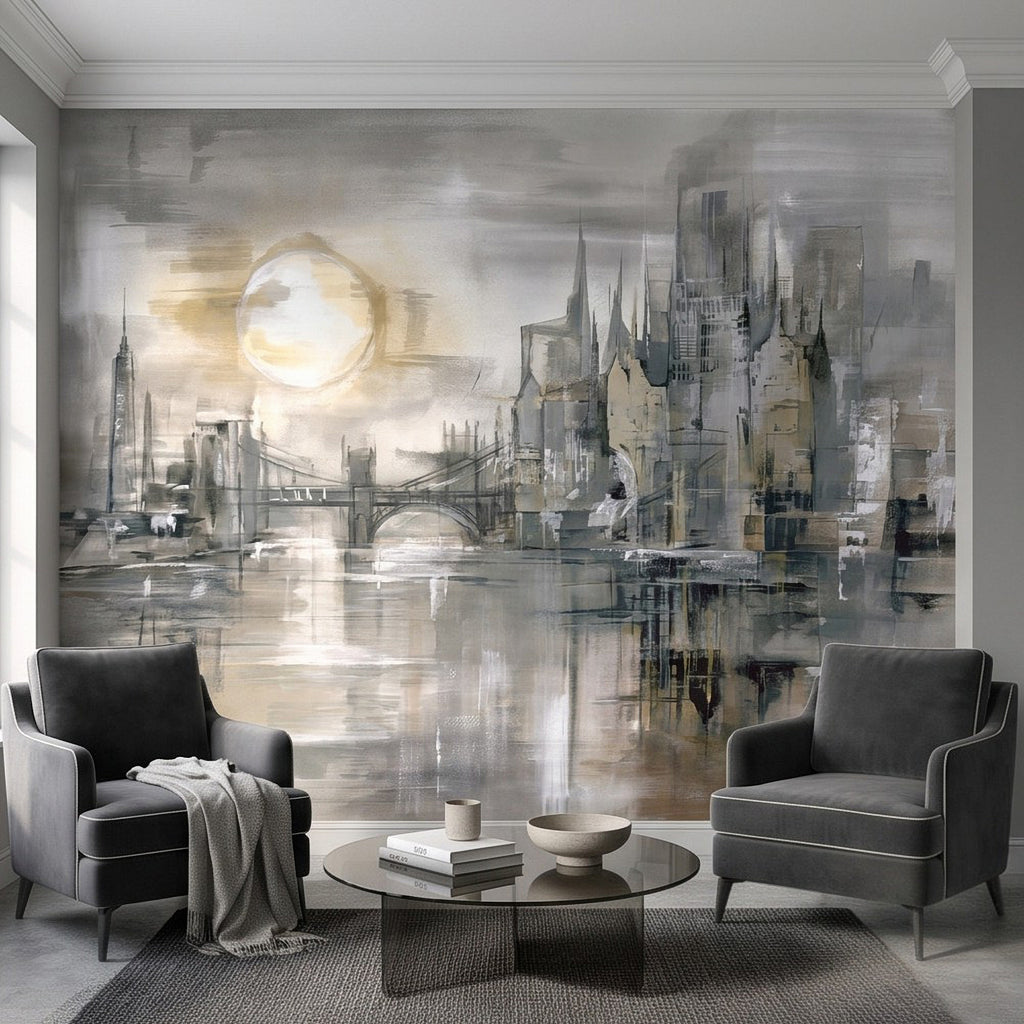 Abstract gray city skyline wall mural with reflective water and central arched bridge