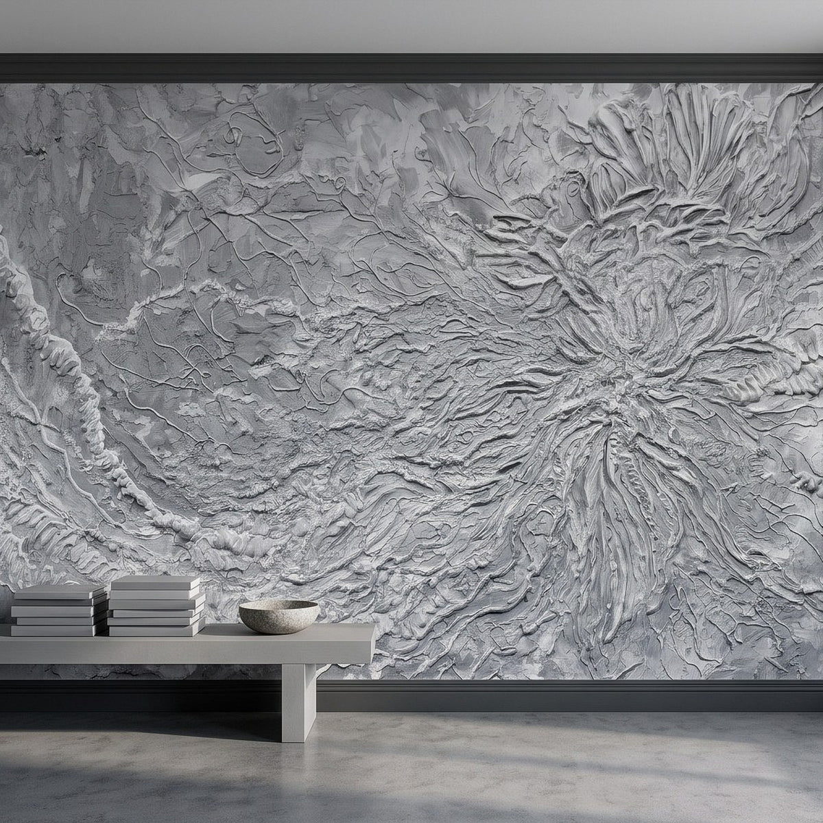 Gray floral relief wall mural detail with swirling raised plaster botanical ridges