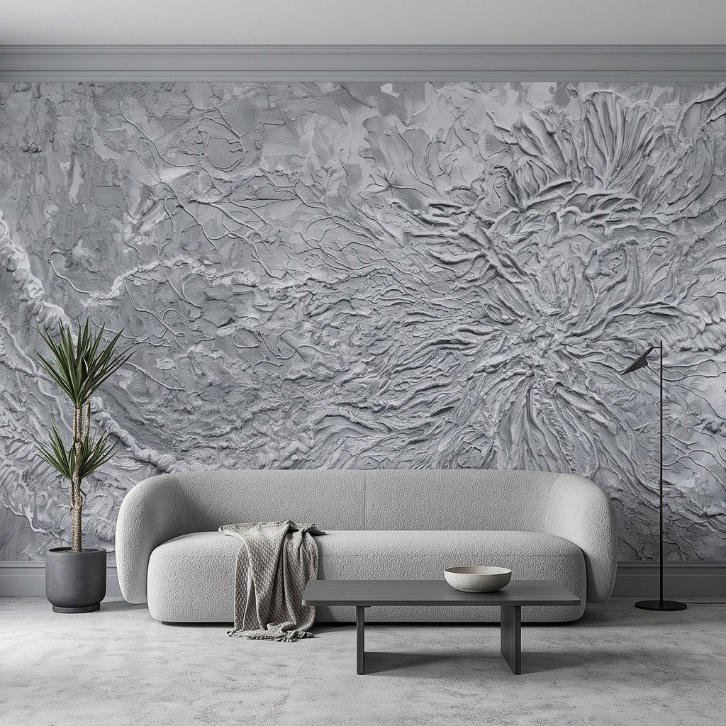 Gray plaster botanical relief wall mural with raised flower burst and carved lines
