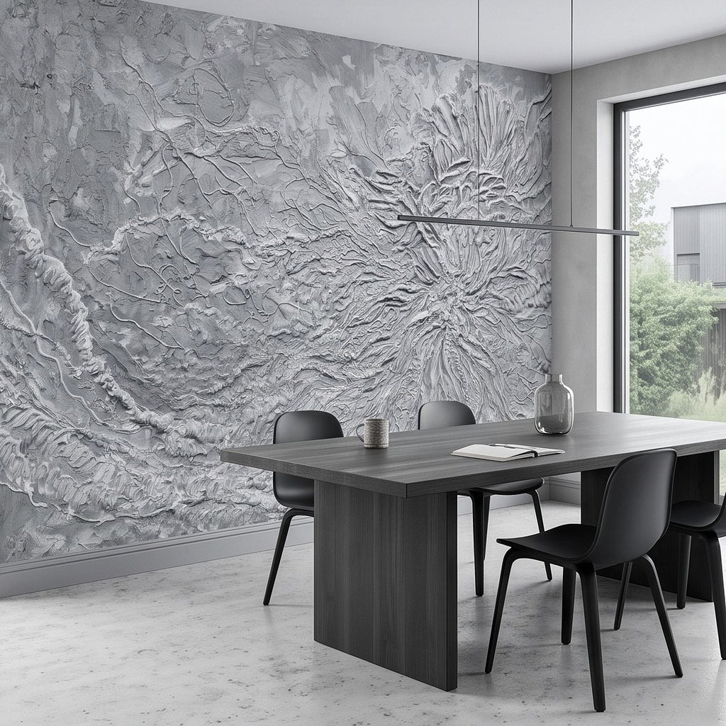 Gray 3D floral relief wall mural with embossed botanical pattern