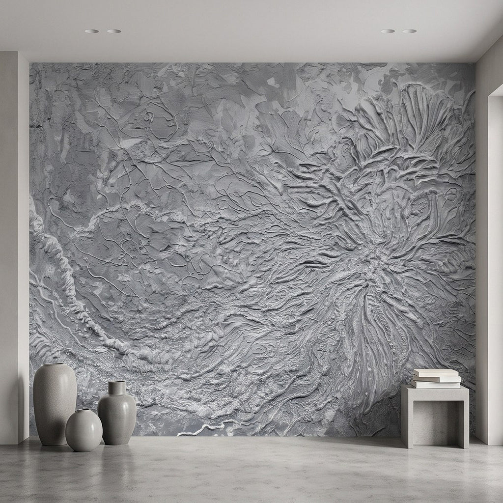 Gray embossed floral relief wall mural with dramatic raised petal shapes