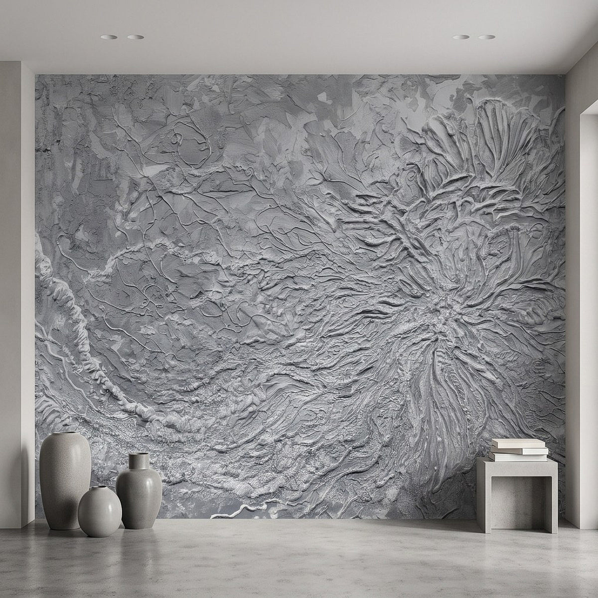 Gray embossed floral relief wall mural with dramatic raised petal shapes