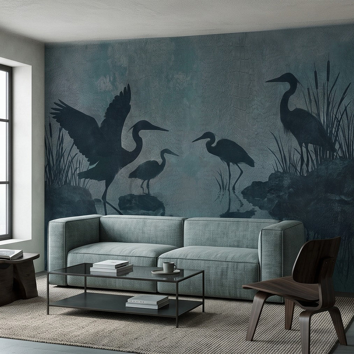 Wall mural with dark herons and waterfowl silhouettes across a teal wetland wall