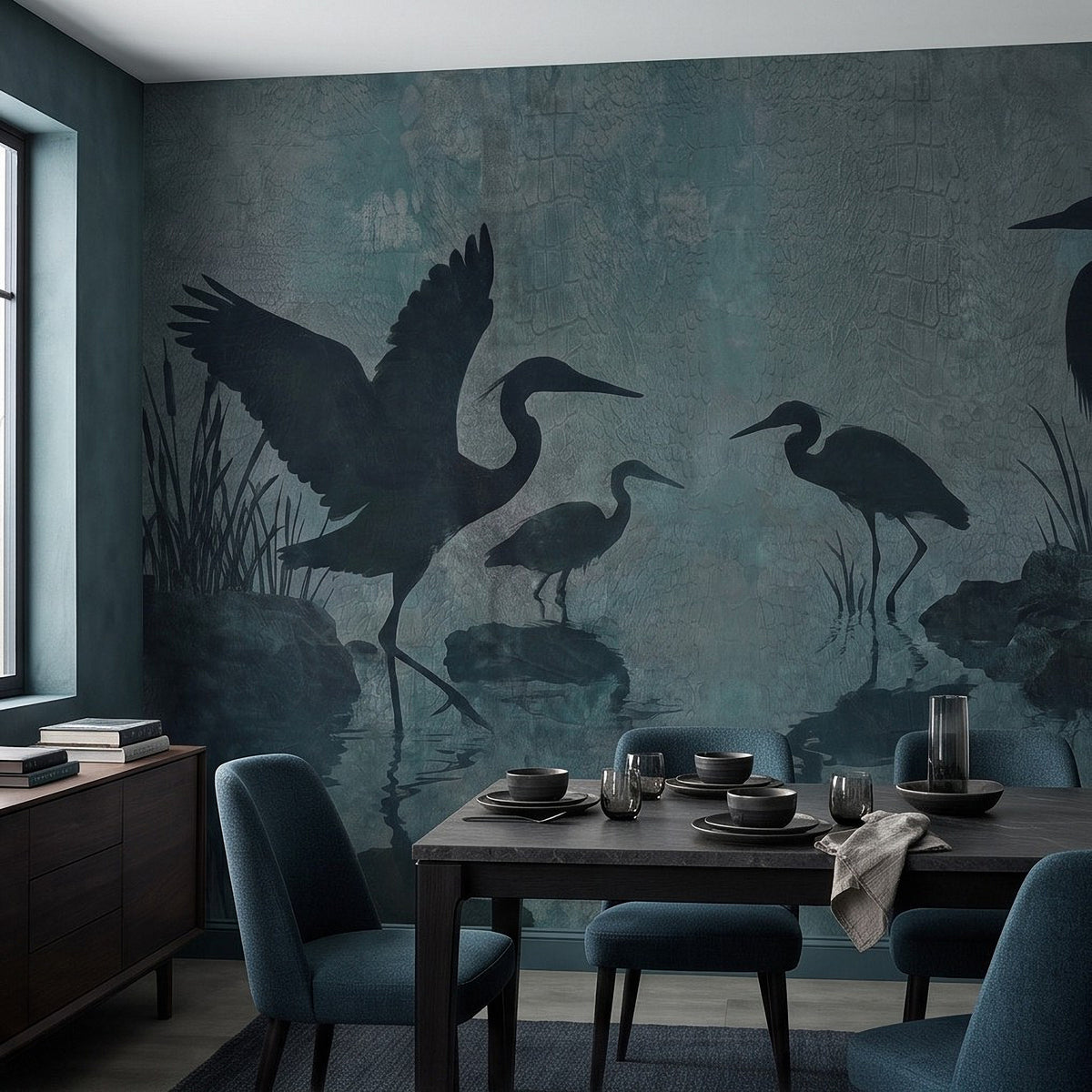Teal wetland wall mural with black herons, reeds, and birds standing in still water