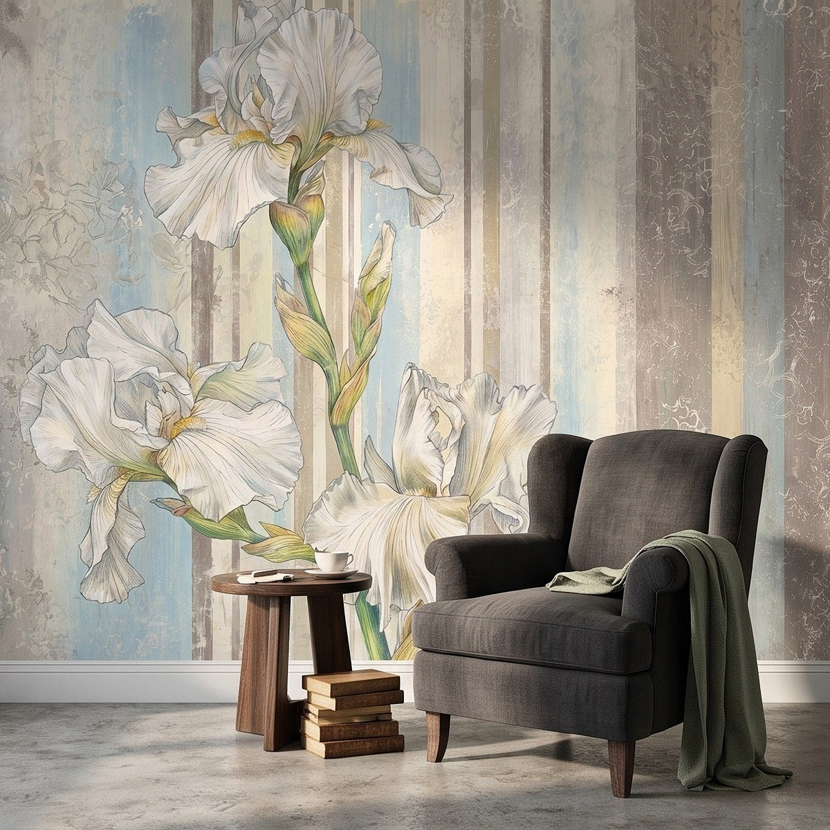 Large wall mural of white iris flowers with distressed vertical stripes and pale blue tones