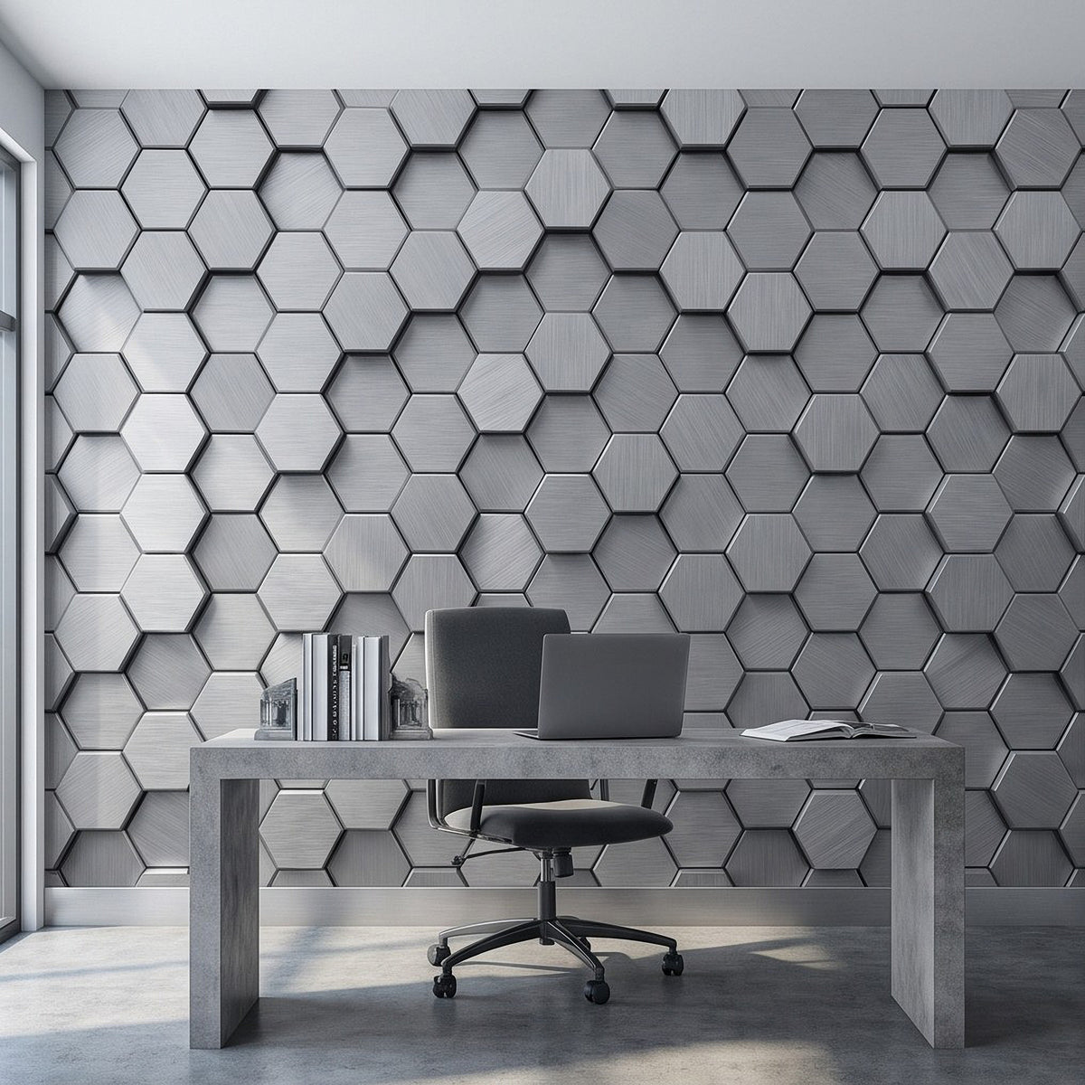 Metallic gray hexagon 3D wall mural with raised honeycomb geometric pattern