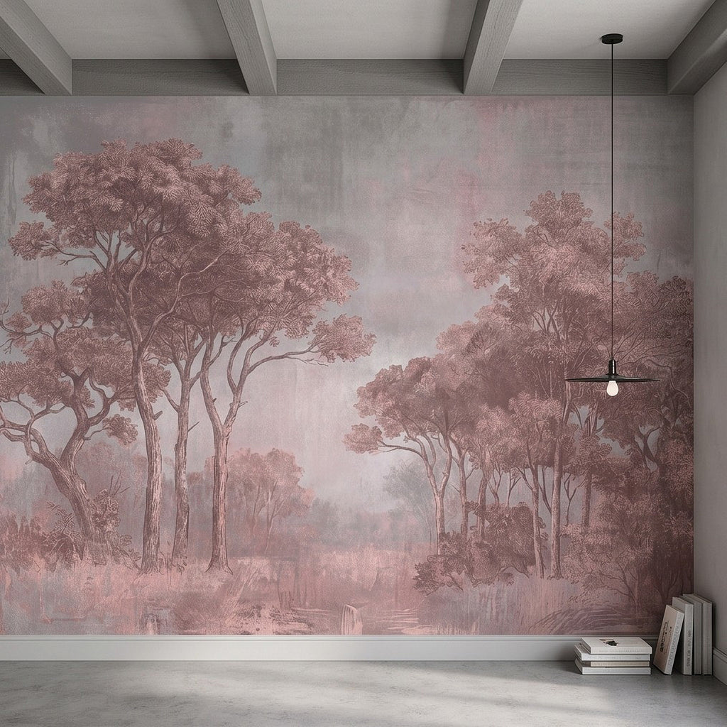 Woodland landscape wall mural with dusty pink trees across a long wall span