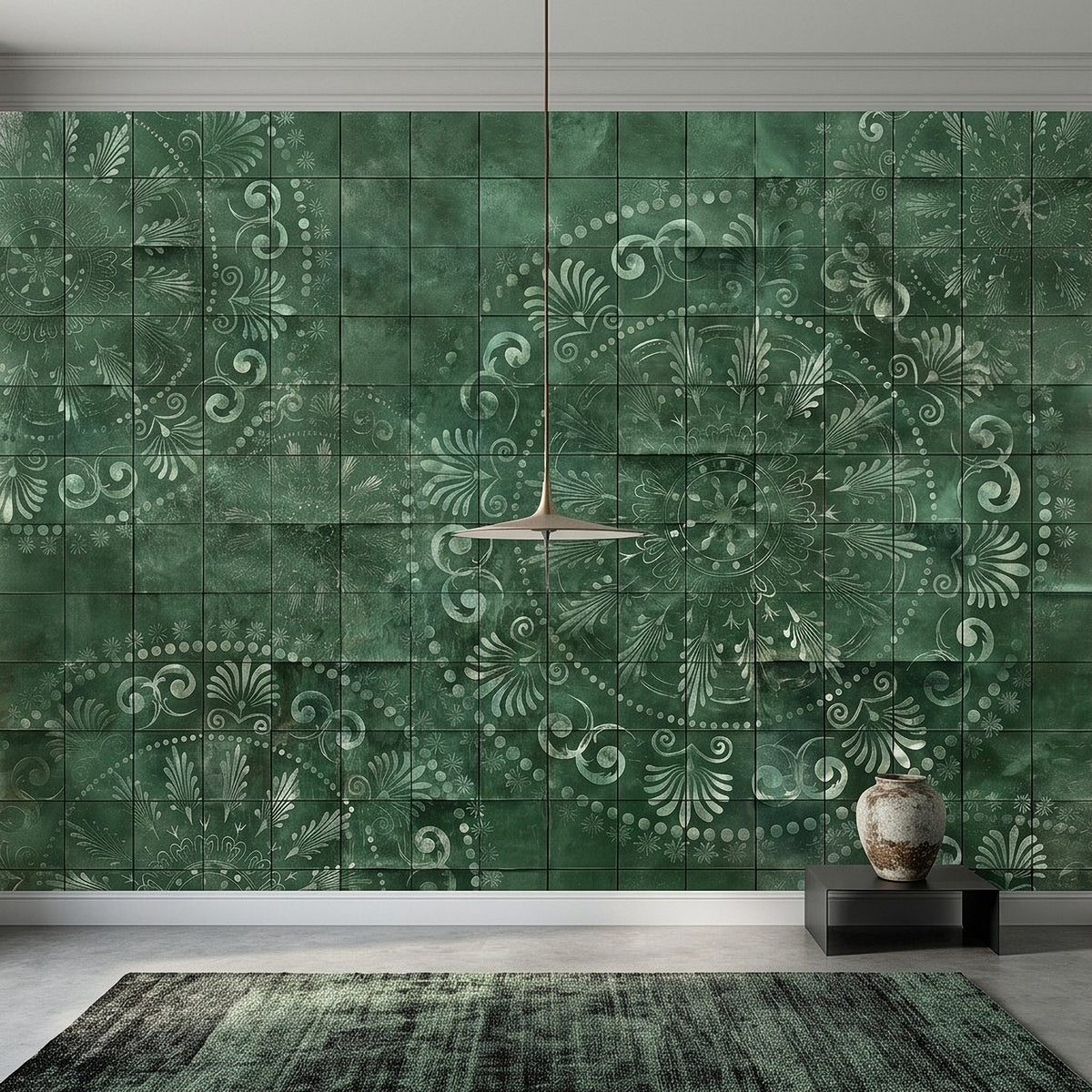 Green distressed tile wall mural with white floral medallions and swirls, small bench