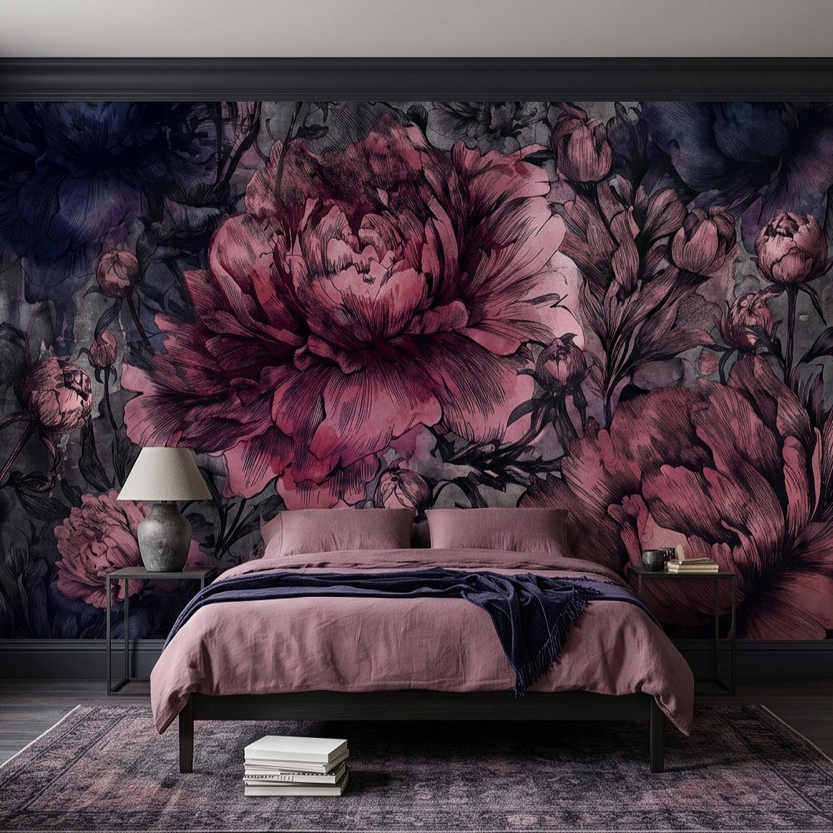 Vintage botanical peony wall mural with large pink flowers and dark foliage design.