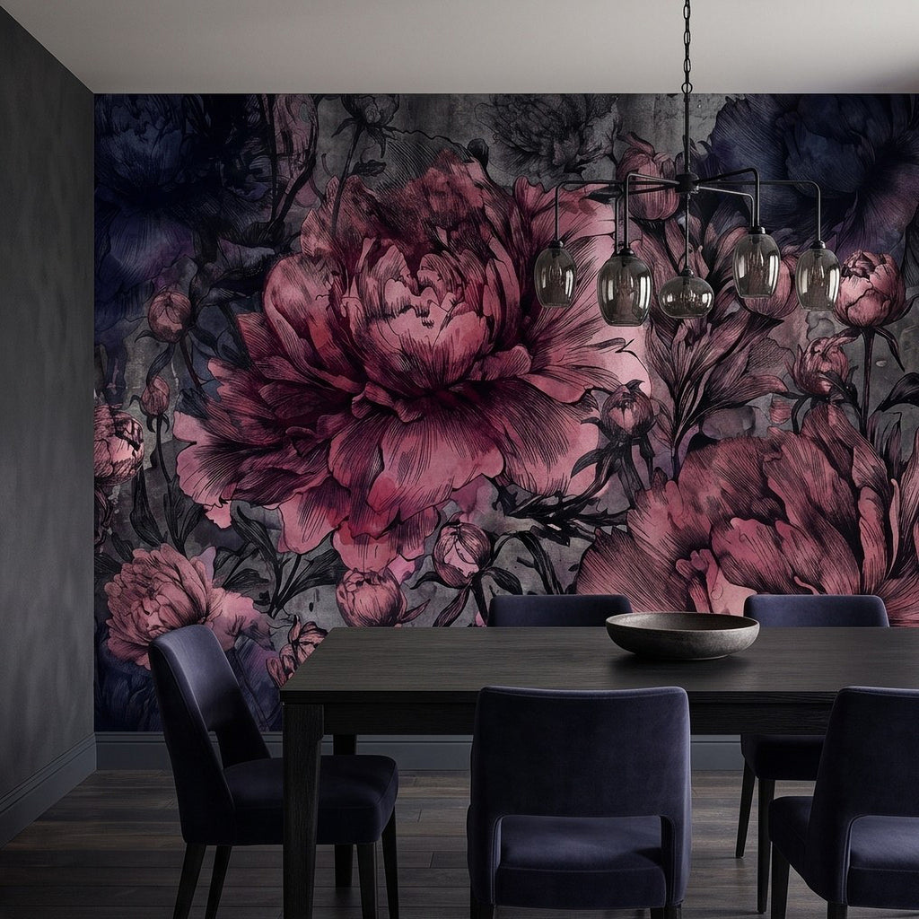Peony floral wall mural in deep pink and dark gray with layered botanical blossoms.