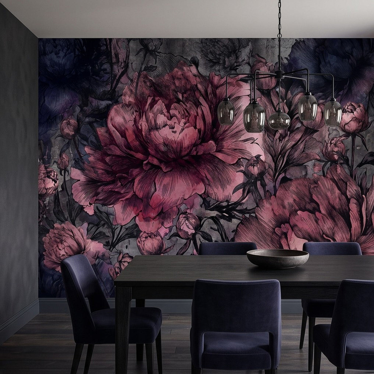 Peony floral wall mural in deep pink and dark gray with layered botanical blossoms.