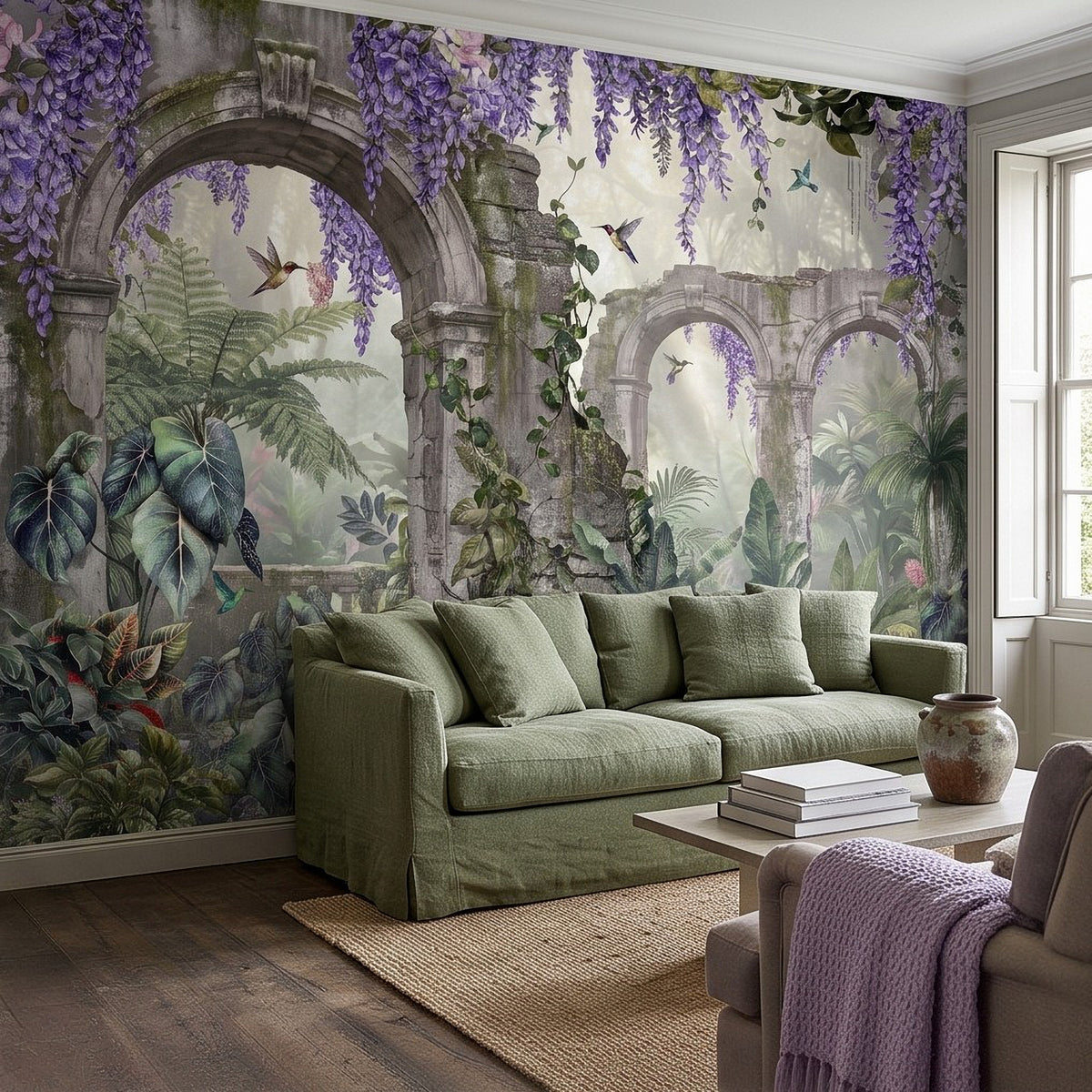 Tropical botanical wall mural with stone arches, purple wisteria canopy, and jungle foliage