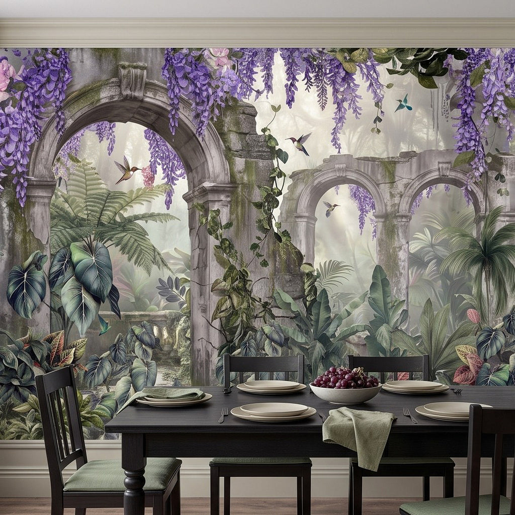 Tropical wall mural: stone arches, purple wisteria vines, hummingbirds, lush tropical leaves