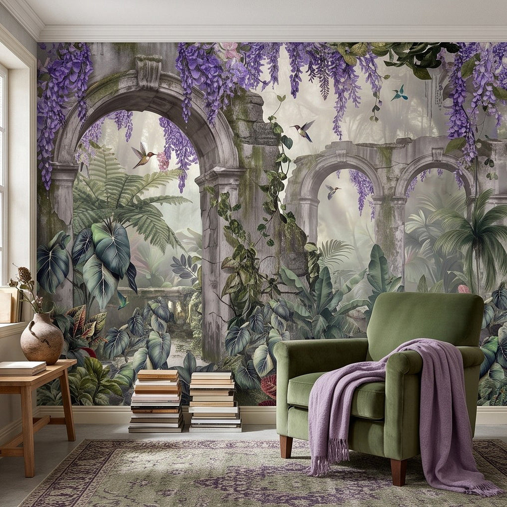 Tropical garden wall mural with stone arch details, purple wisteria clusters, and leafy plants