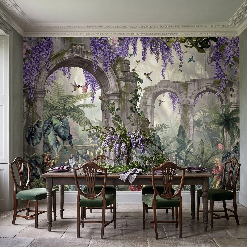 Botanical wall mural featuring stone arches, hanging purple wisteria flowers, and hummingbirds
