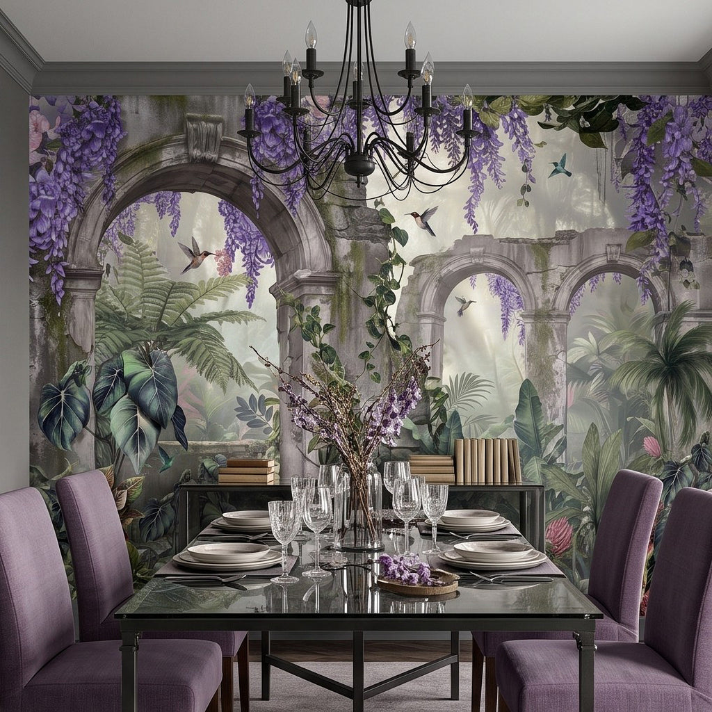 Tropical botanical wall mural with stone arches, purple wisteria, and hummingbirds over vines