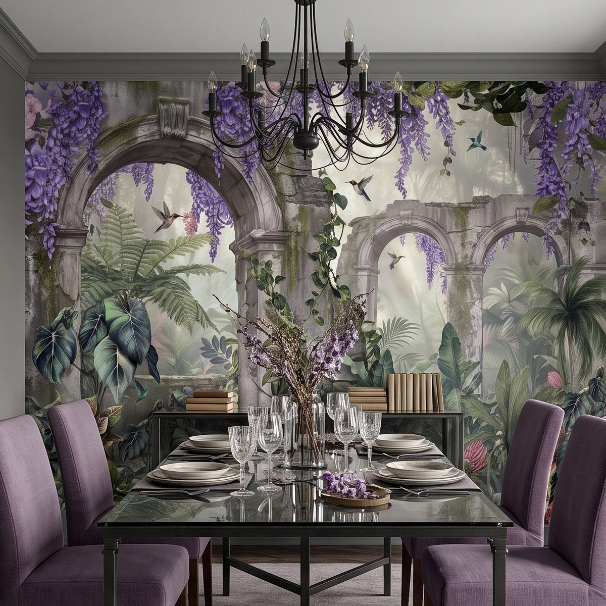 Tropical botanical wall mural with stone arches, purple wisteria, and hummingbirds over vines