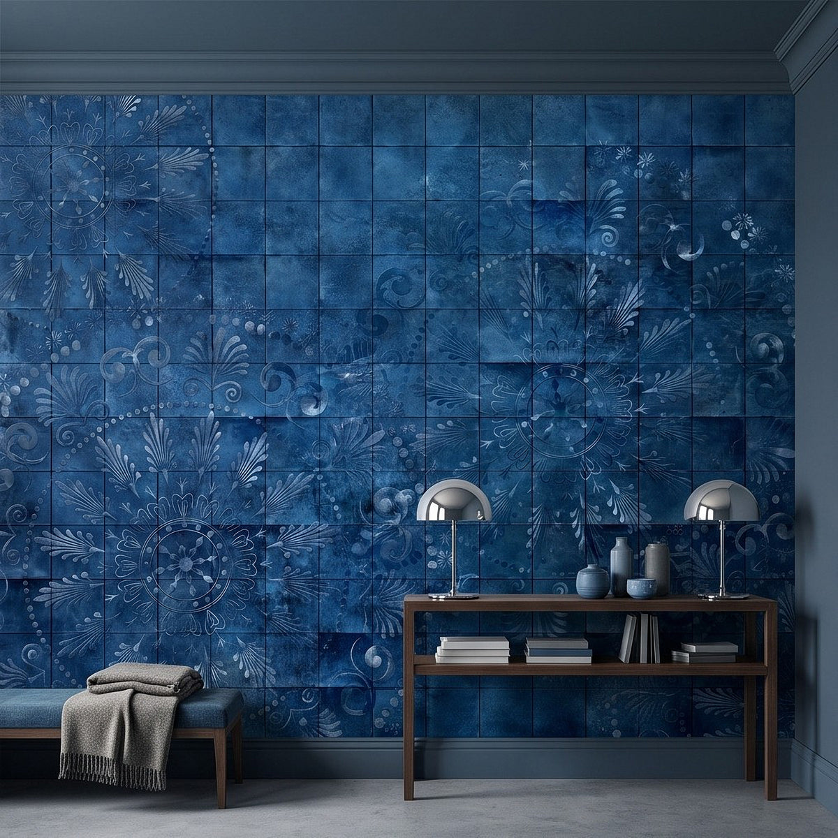 Blue tile wall mural with detailed floral medallion and scroll designs on wall