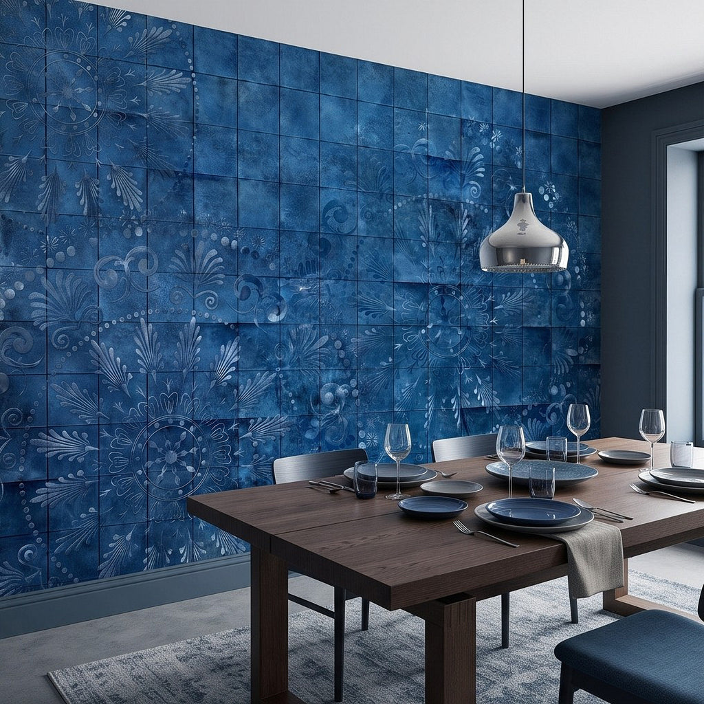Blue tile wall mural with indigo floral scrollwork on weathered square tiles
