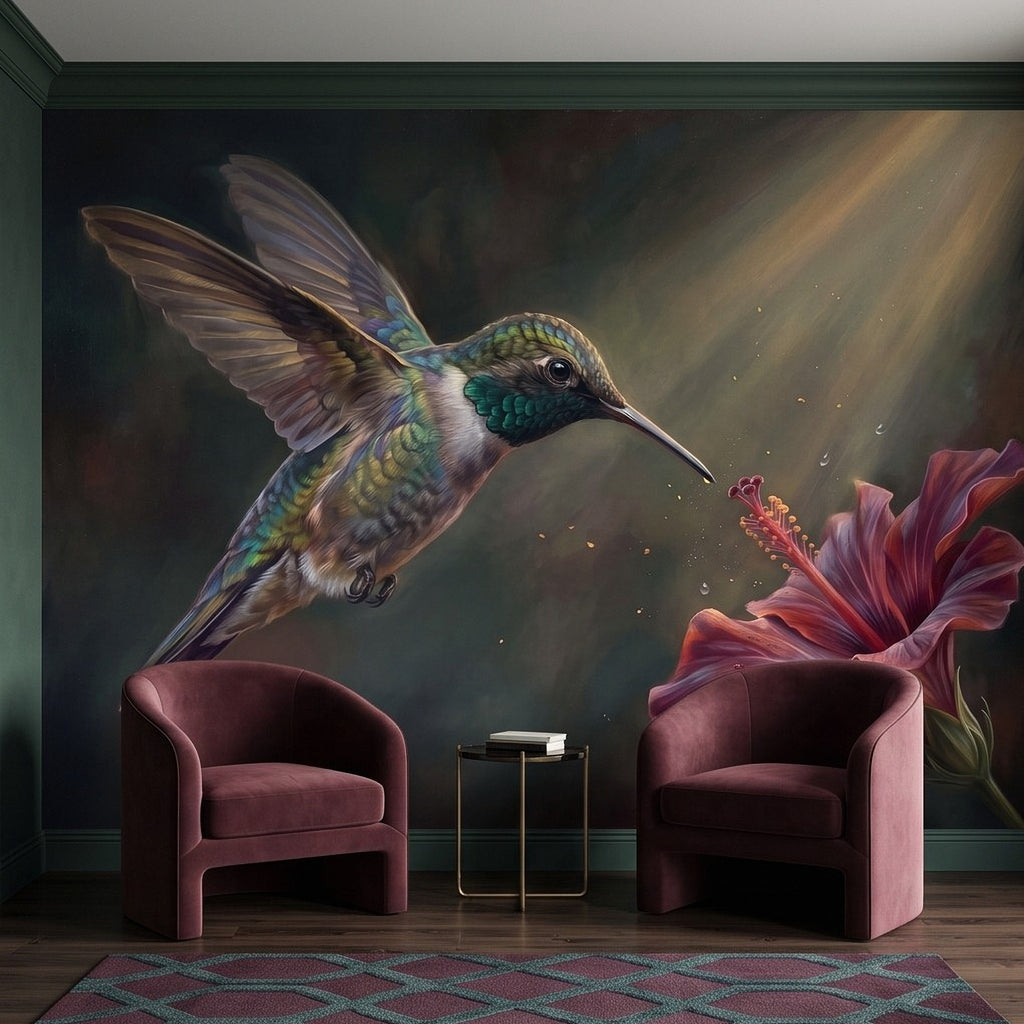 Hummingbird and hibiscus wall mural behind two burgundy armchairs