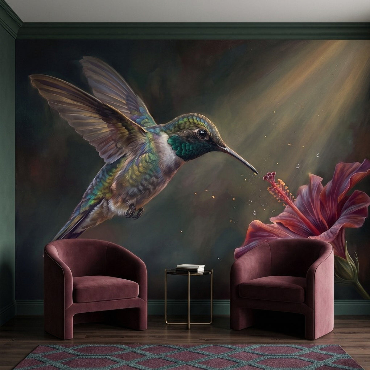 Hummingbird and hibiscus wall mural behind two burgundy armchairs