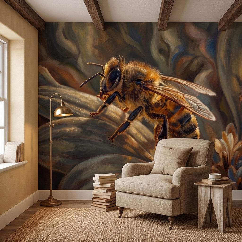 Large honey bee wall mural painting with extended wings and botanical flame-like swirls.