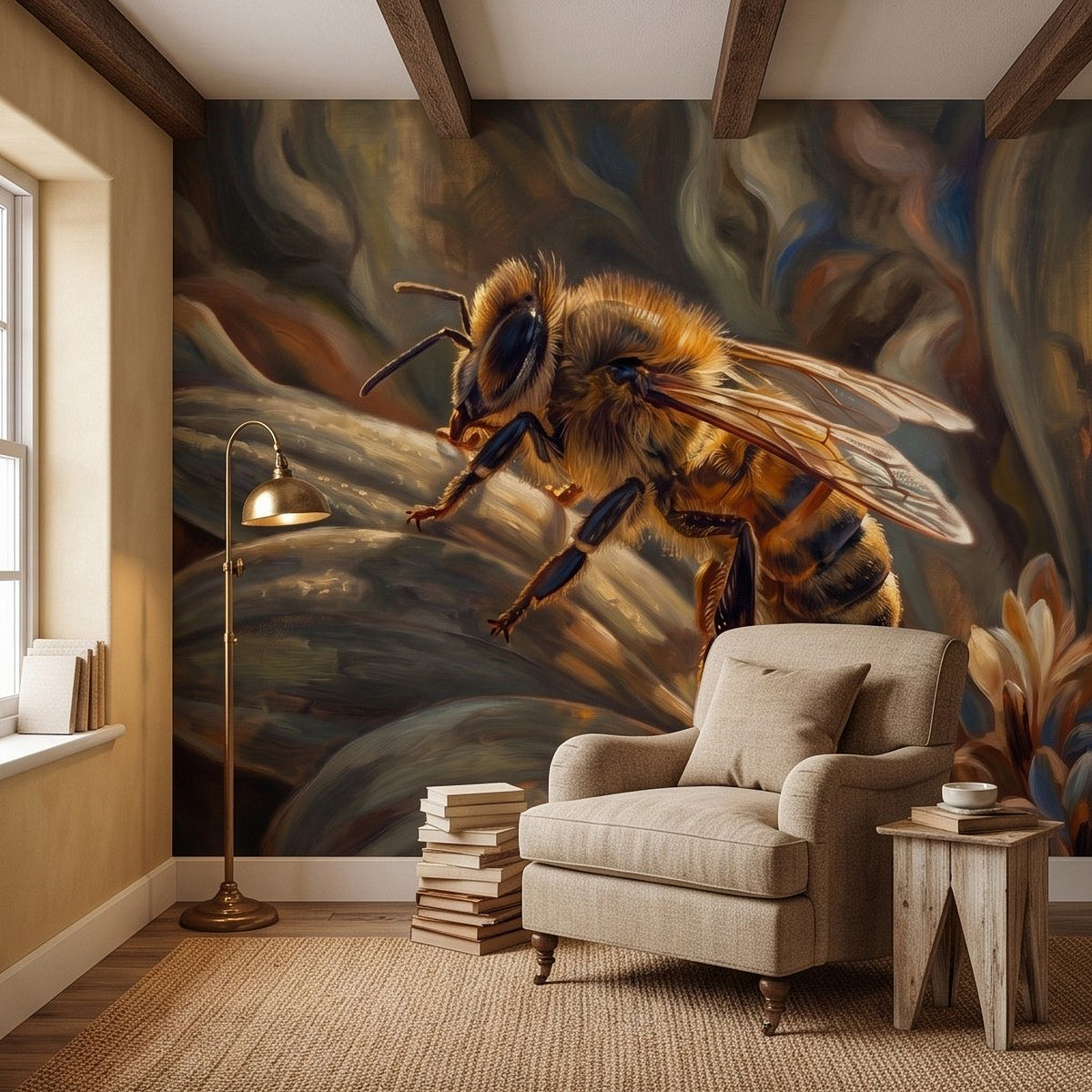 Large honey bee wall mural painting with extended wings and botanical flame-like swirls.