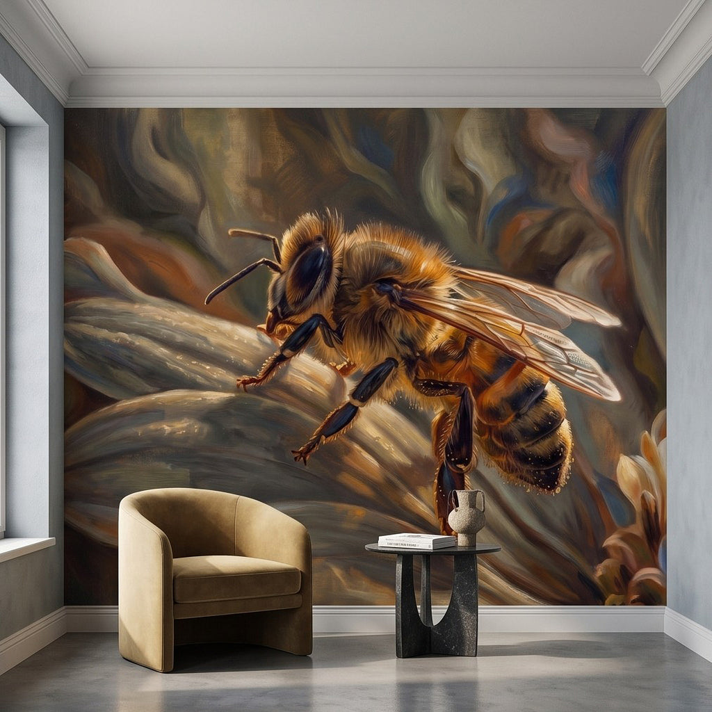 Honey bee botanical wall mural with moody wings and detailed striped body illustration