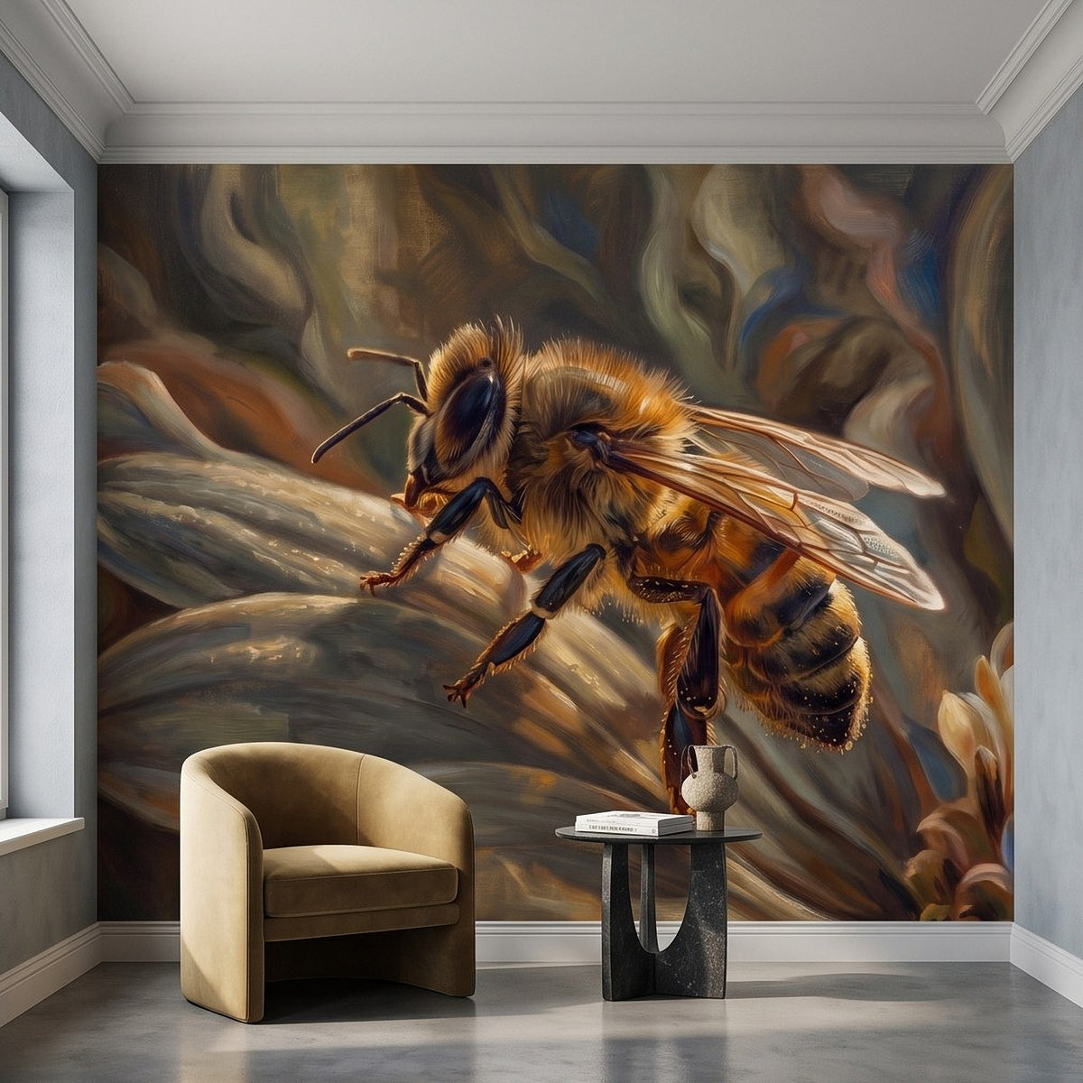 Honey bee botanical wall mural with moody wings and detailed striped body illustration