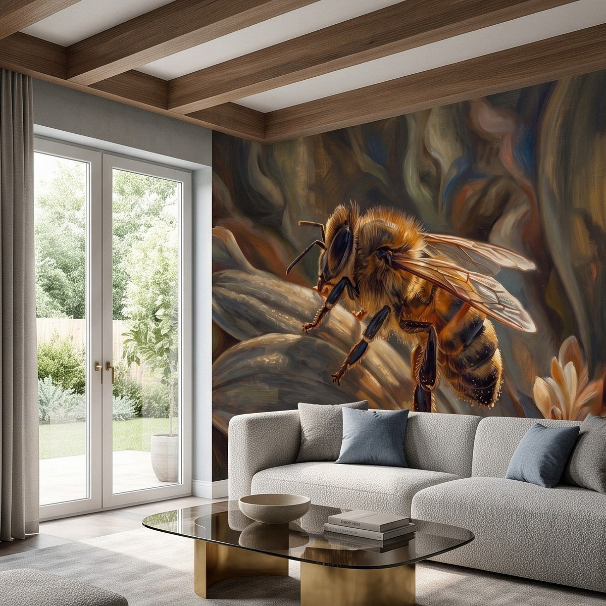 Honey bee mural painting on wall, bee in flight with swirling foliage behind.