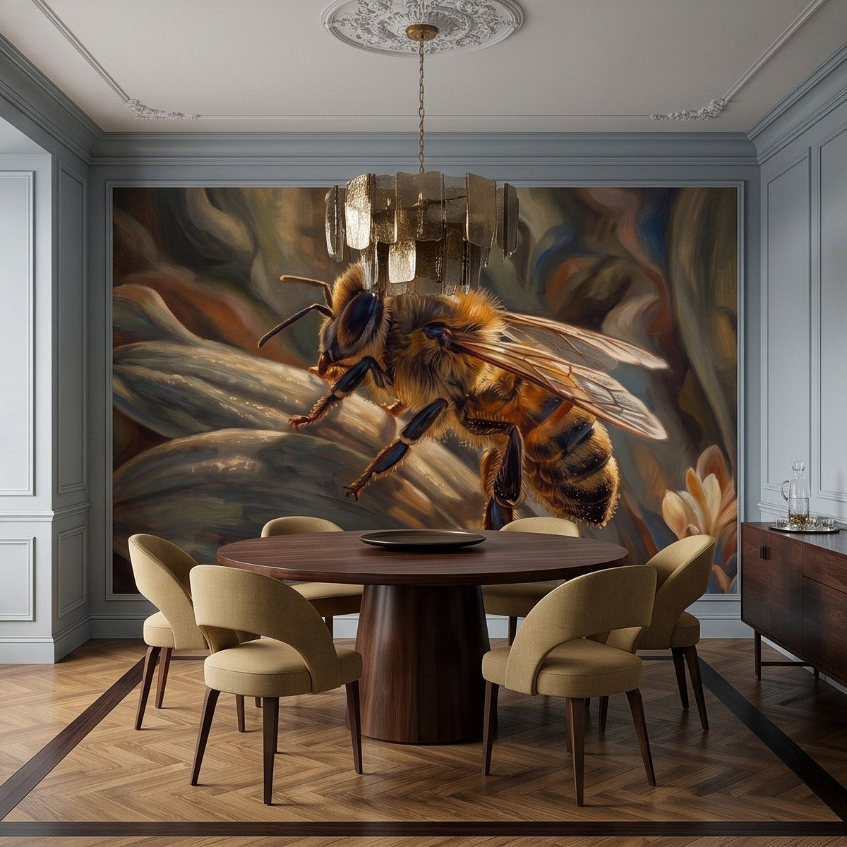 Honey bee botanical wall mural featuring a large bee centerpiece with dramatic atmosphere