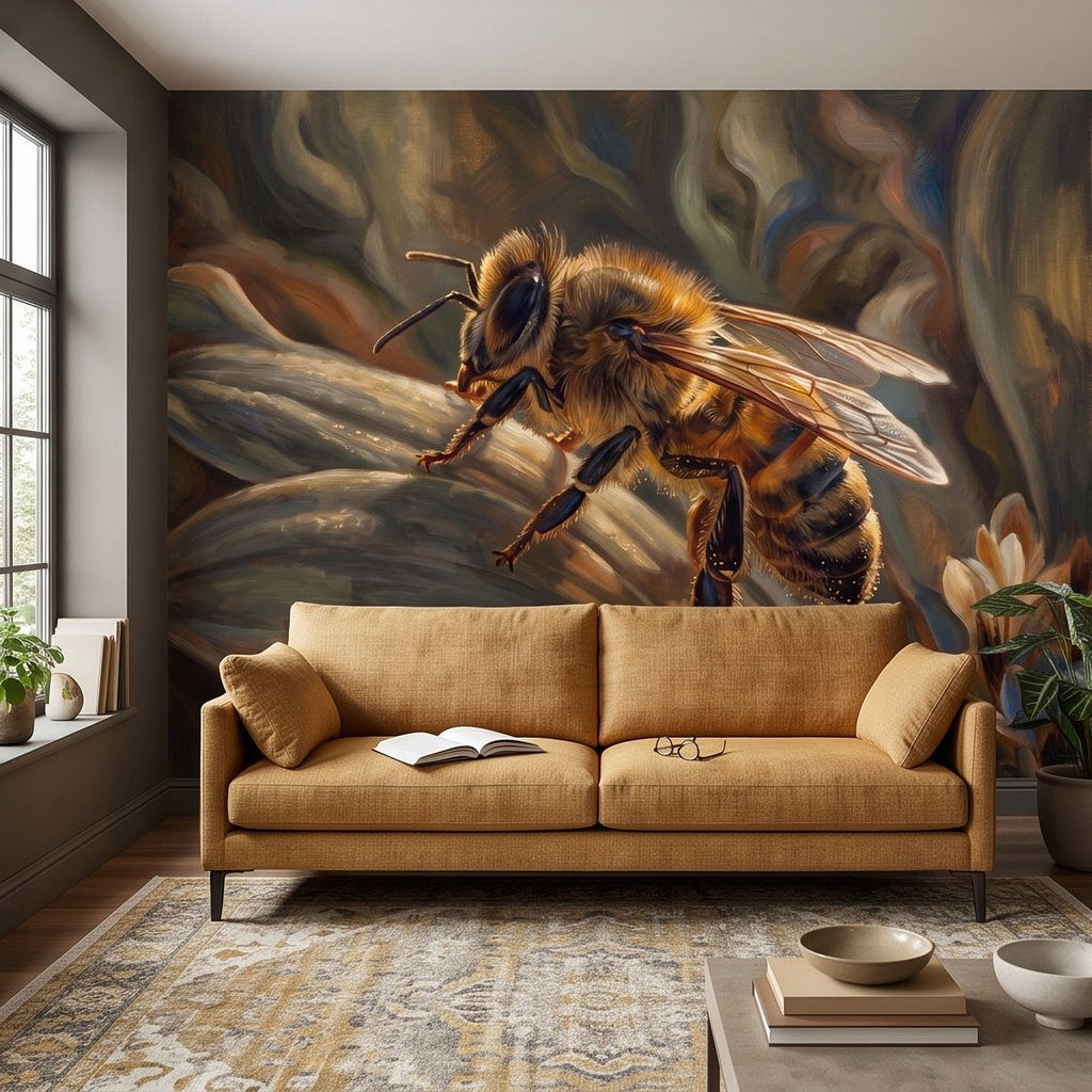 Honey bee wall mural painting with spread wings and light botanical flower accents.