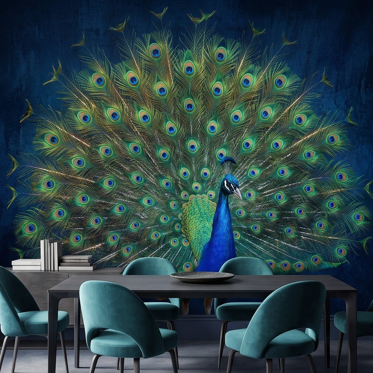 Peacock feather wall mural with peacock plumage fan in blue, green, and gold tones