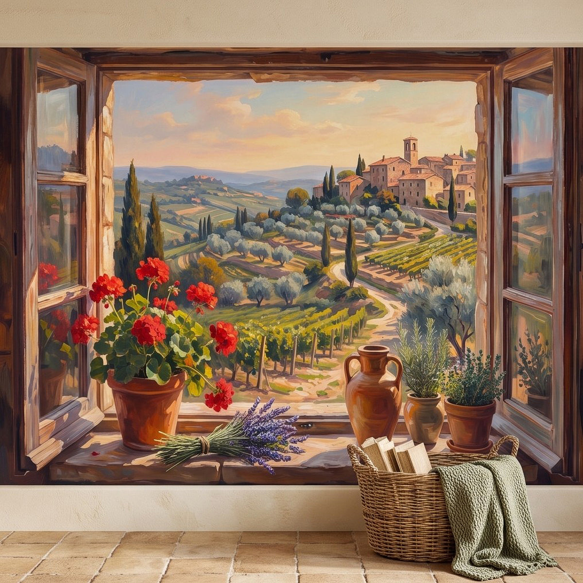 Tuscan landscape window wall mural with lavender sprigs, potted plants, and vineyard hills