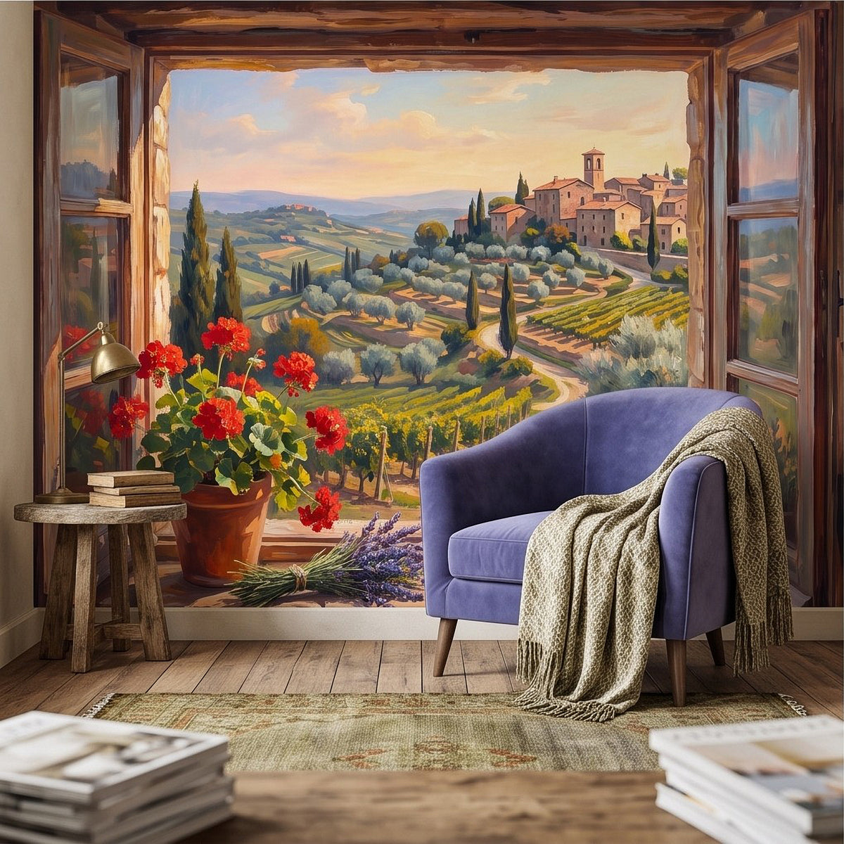 Window-view countryside wall mural painting with village buildings and winding path