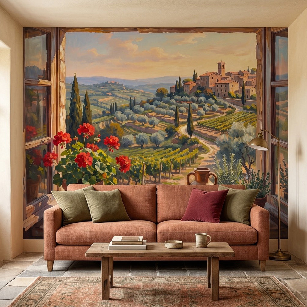Window-view Italian countryside wall mural painting with village along a winding road
