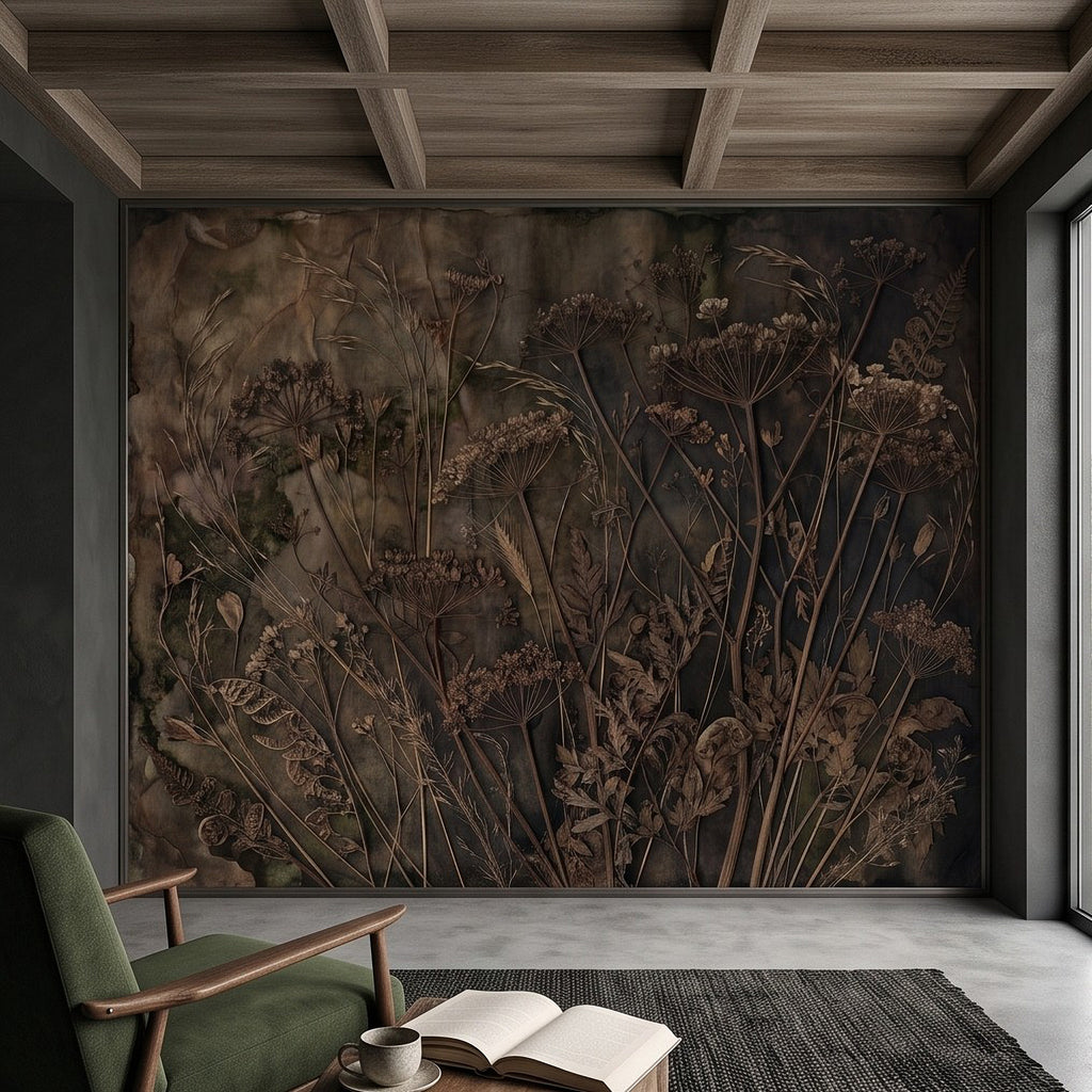 Dark botanical wall mural featuring pressed wildflower stems on large wall