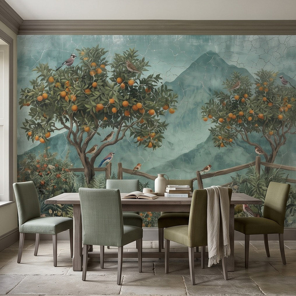 Orange tree wall mural with birds, orange fruit trees, and mountain valley over table