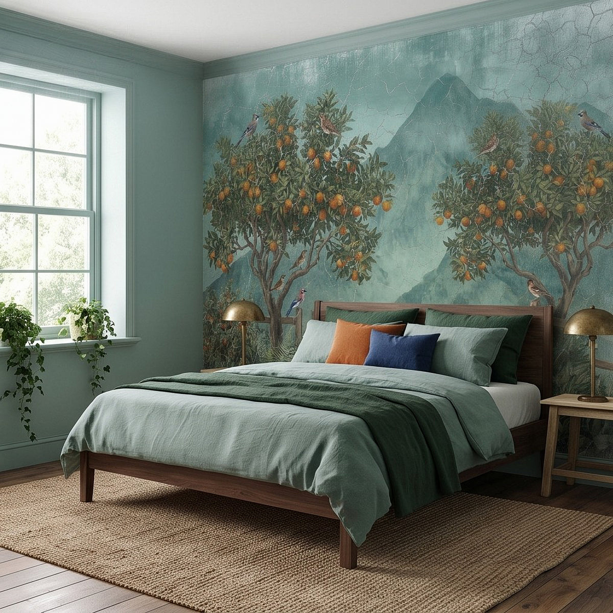 Botanical wall mural with citrus trees, orange fruit, birds, and teal mountain landscape