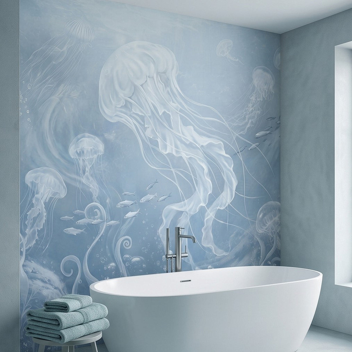 Jellyfish ocean wall mural behind a white bathtub with light towels on the floor