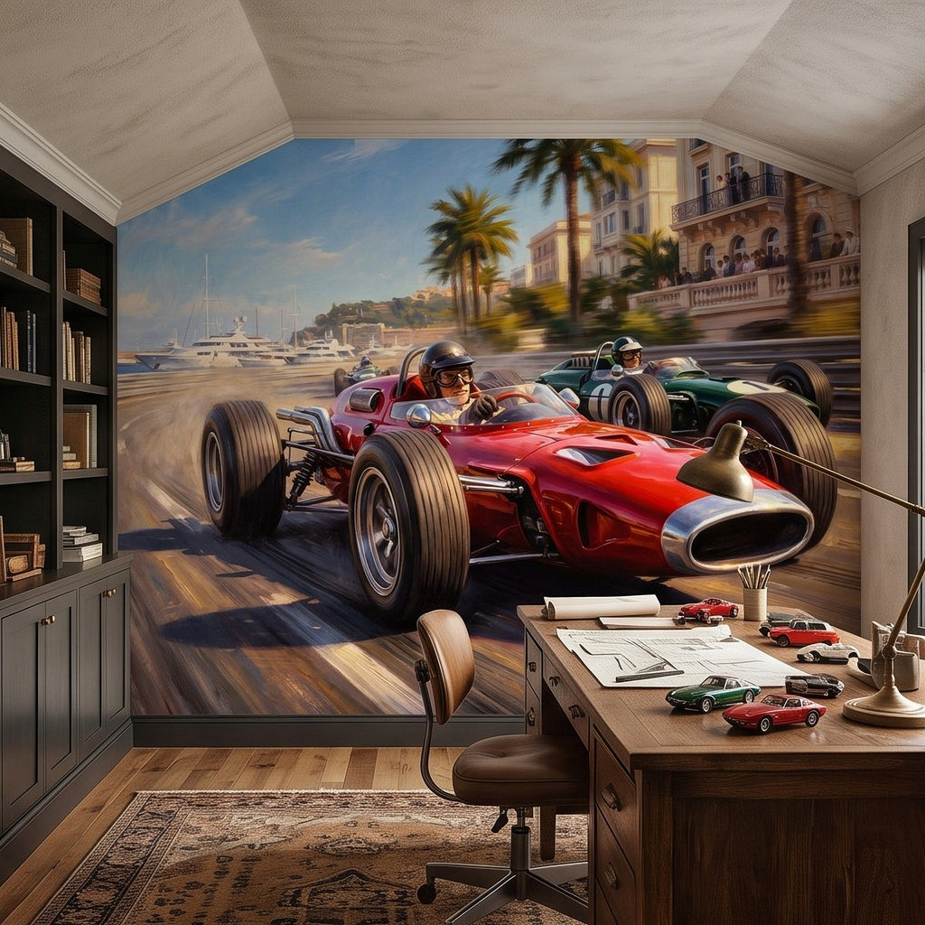 Wall mural of red and green vintage open-wheel race cars on a coastal promenade road