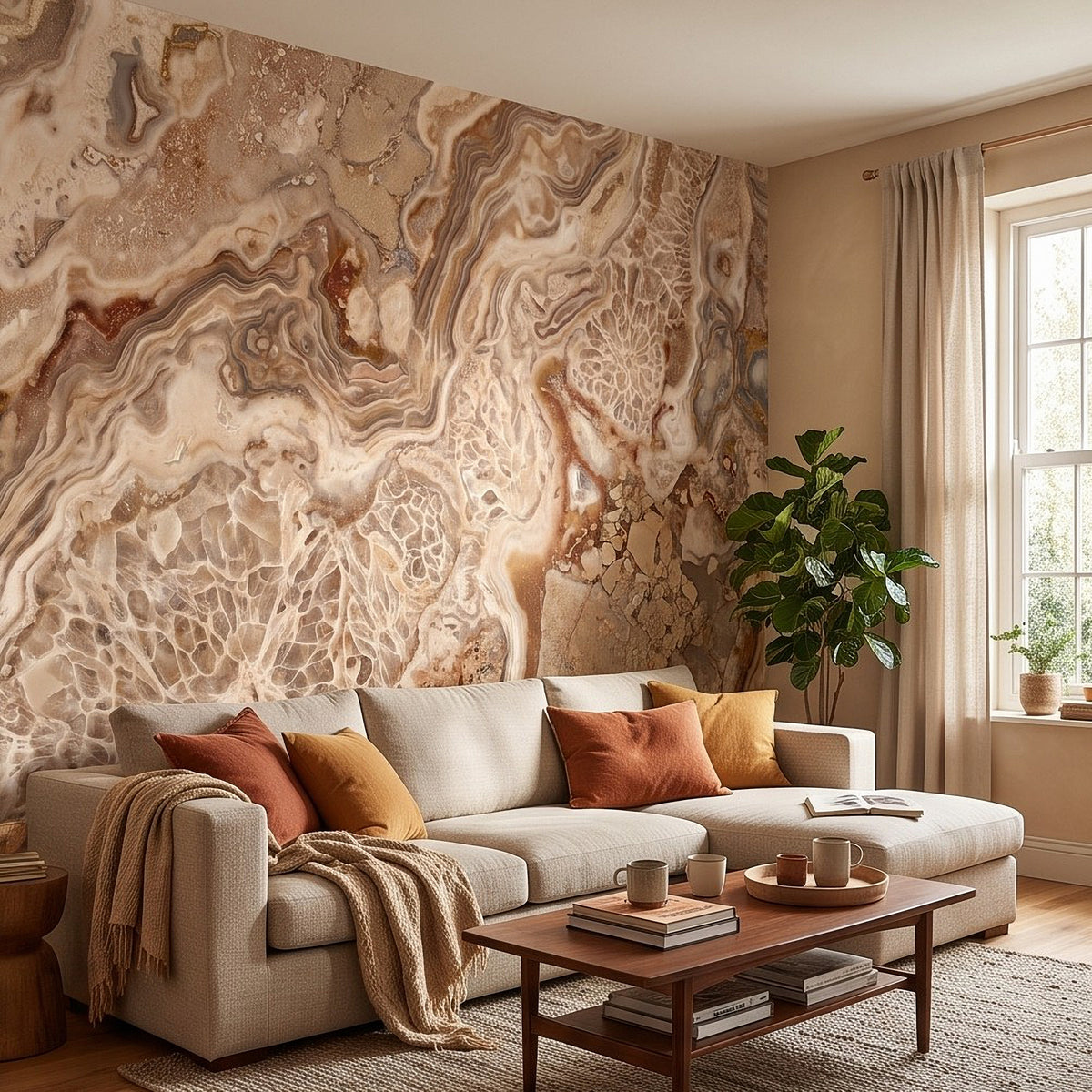 Abstract neutral agate marble wall mural in beige and cream with flowing veins