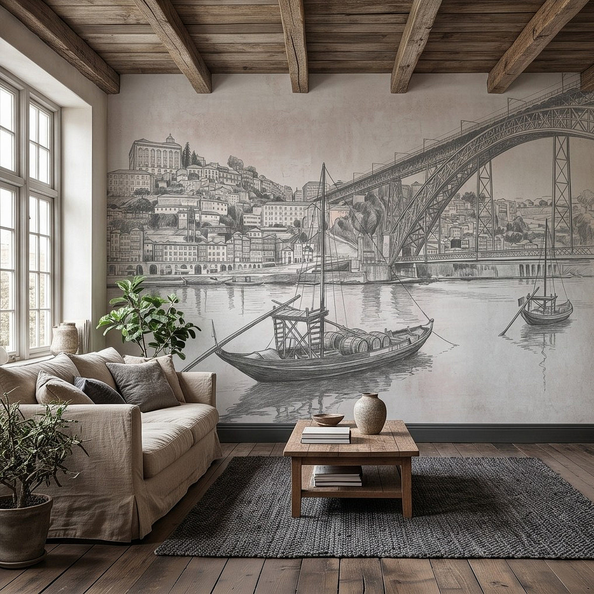Vintage pencil sketch wall mural featuring arched bridge, riverside buildings, and rabelo boat.